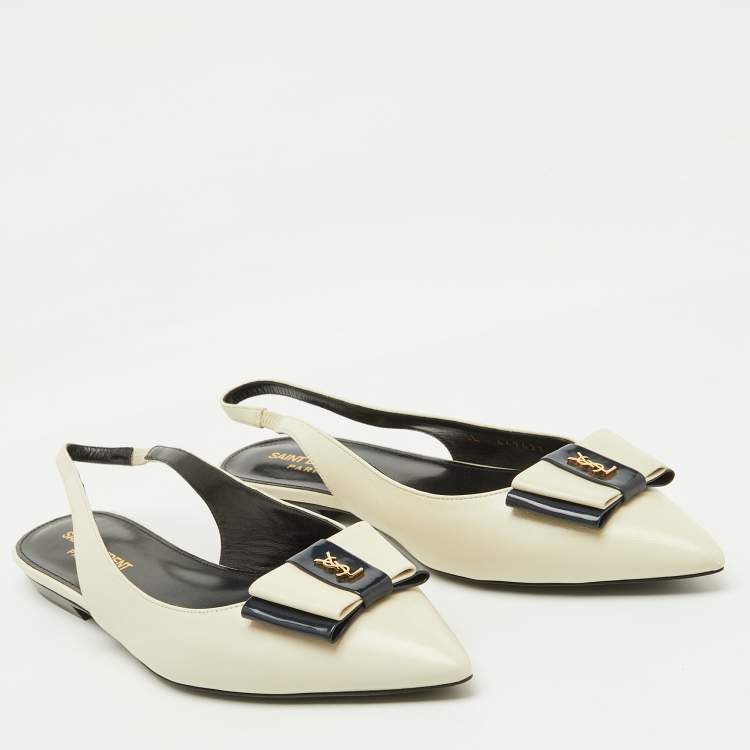 Pre Owned Saint Laurent White/Navy Blue Leather Anais Slingback Flats Size 37