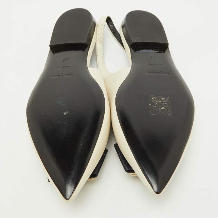 Pre Owned Saint Laurent White/Navy Blue Leather Anais Slingback Flats Size 37