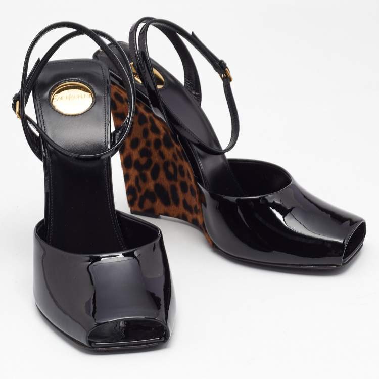 Pre Owned Saint Laurent Black Patent Leather Orhand Wedge Sandals Size 41
