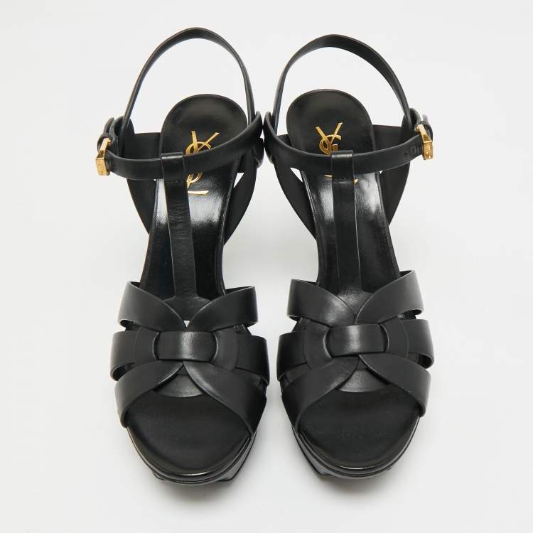 مملوكة مسبقًا Saint Laurent Black Leather Tribute Platform Sandals Size 40.5