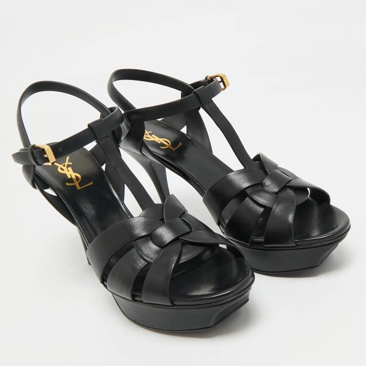 مملوكة مسبقًا Saint Laurent Black Leather Tribute Platform Sandals Size 40.5
