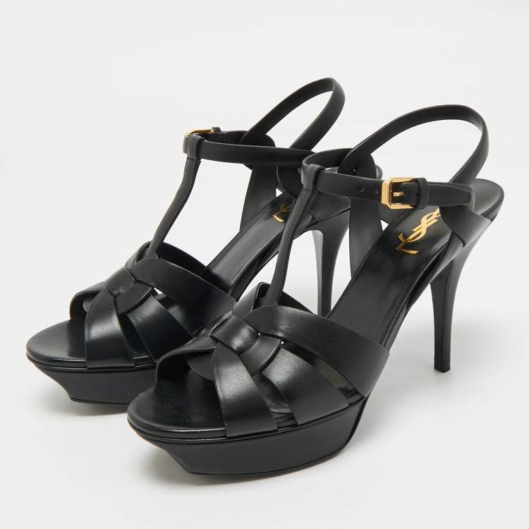 مملوكة مسبقًا Saint Laurent Black Leather Tribute Platform Sandals Size 40.5
