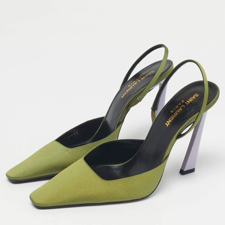 Pre Owned Saint Laurent Green Fabric Blade Slingback Pumps Size 39