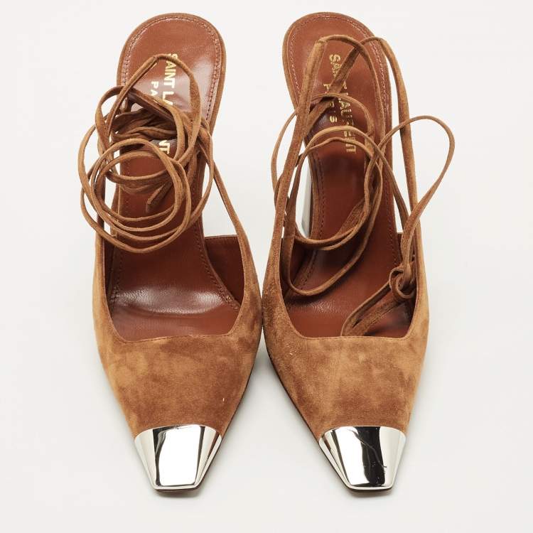 Pre Owned Saint Laurent Brown Suede Blade Slingback Pumps Size 39