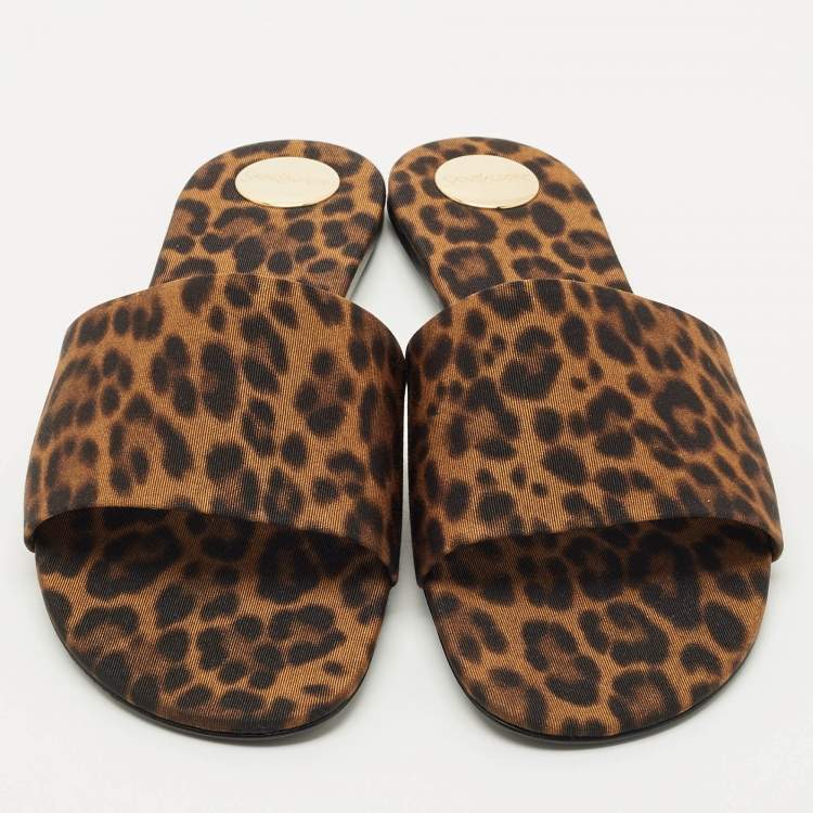 Pre Owned Saint Laurent Brown Leopard Print Grosgrain Carlyle Flat Slides Size 39