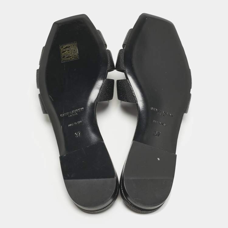 Pre Owned Saint Laurent Black Leather Tribute Flat Slide Size 37