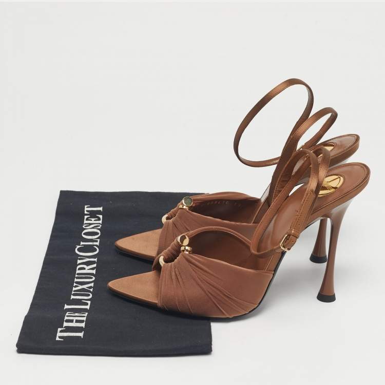 Pre Owned Saint Laurent Brown Satin and Stretch Fabric Lola Ankle Strap Sandals Size 39