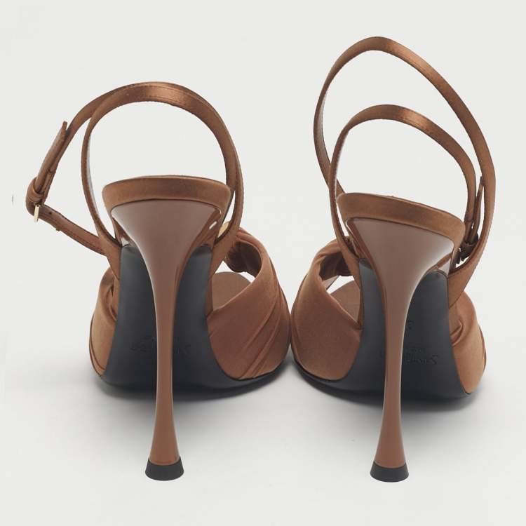 Pre Owned Saint Laurent Brown Satin and Stretch Fabric Lola Ankle Strap Sandals Size 39