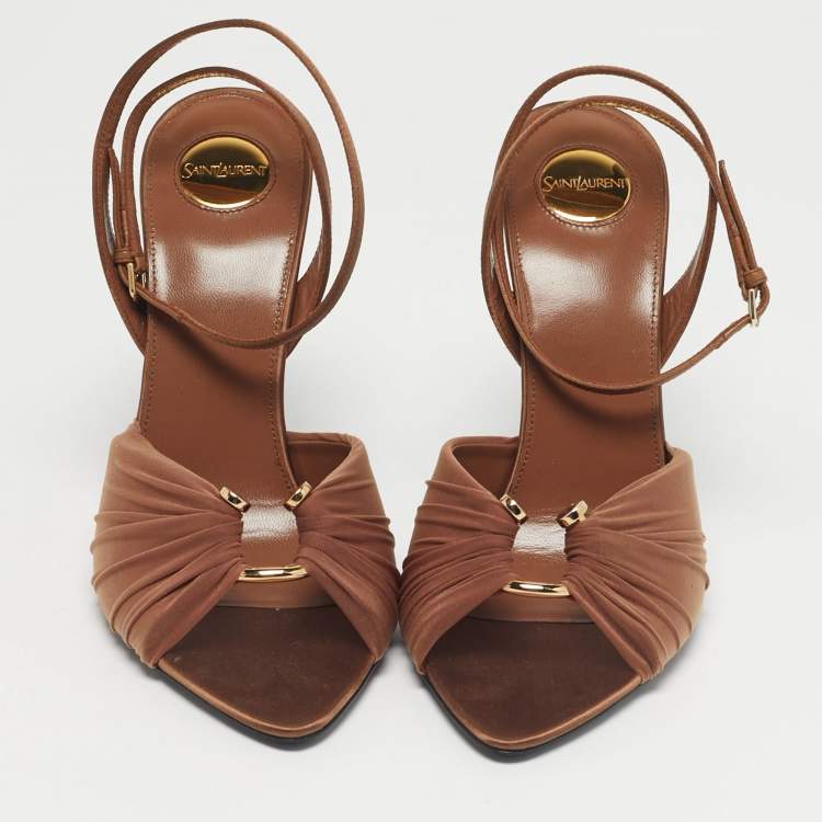 Pre Owned Saint Laurent Brown Satin and Stretch Fabric Lola Ankle Strap Sandals Size 39