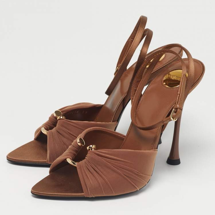 Pre Owned Saint Laurent Brown Satin and Stretch Fabric Lola Ankle Strap Sandals Size 39