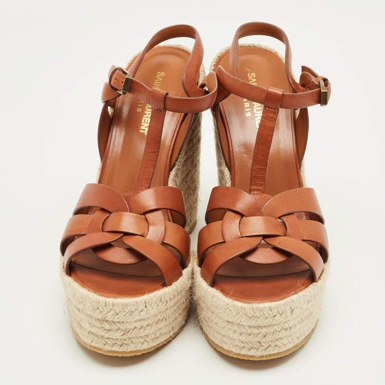 Pre Owned Saint Laurent Brown Leather Tribute Espadrille Wedge Sandals Size 39.5