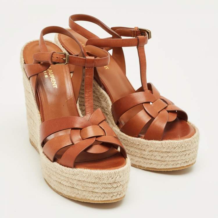 Pre Owned Saint Laurent Brown Leather Tribute Espadrille Wedge Sandals Size 39.5