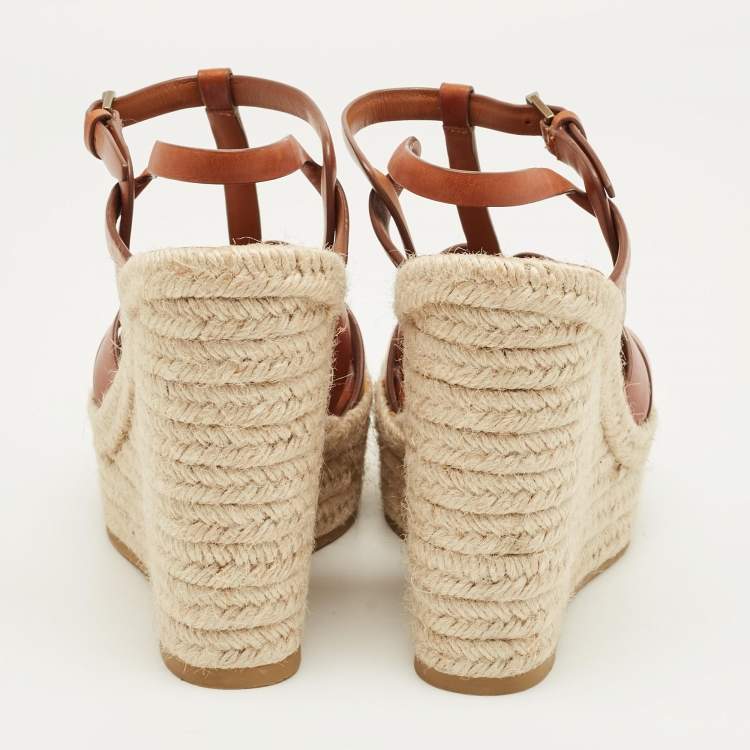 Pre Owned Saint Laurent Brown Leather Tribute Espadrille Wedge Sandals Size 39.5