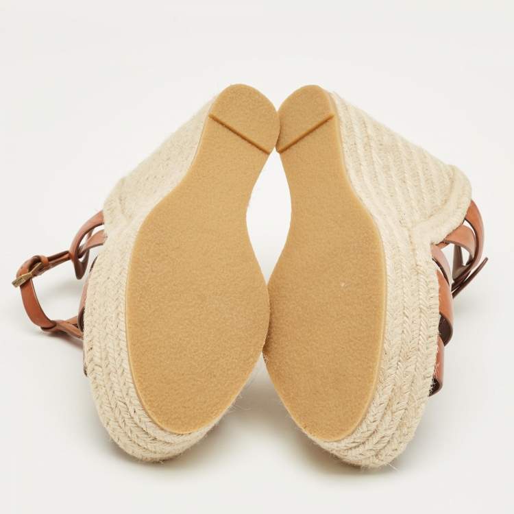 Pre Owned Saint Laurent Brown Leather Tribute Espadrille Wedge Sandals Size 39.5