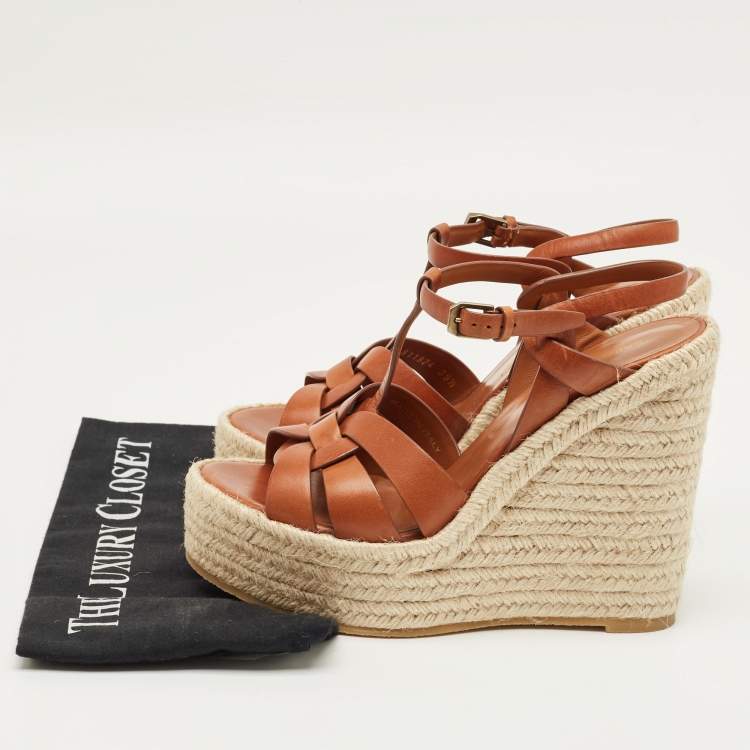 Pre Owned Saint Laurent Brown Leather Tribute Espadrille Wedge Sandals Size 39.5