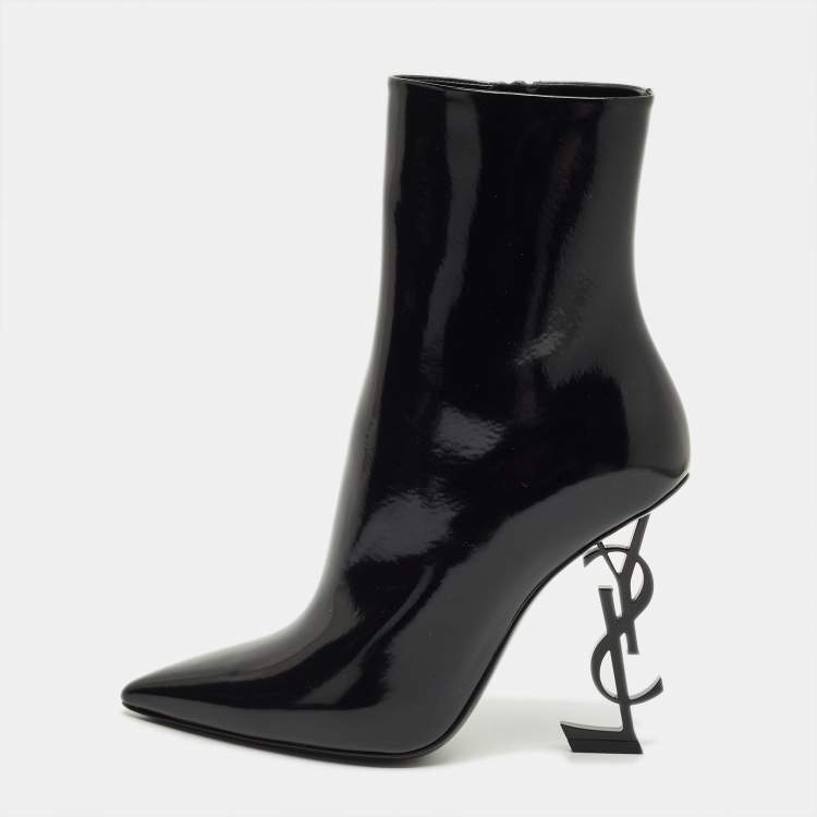 Pre Owned Saint Laurent Black Patent Leather Opyum Pointed Toe Ankle Boots Size 39