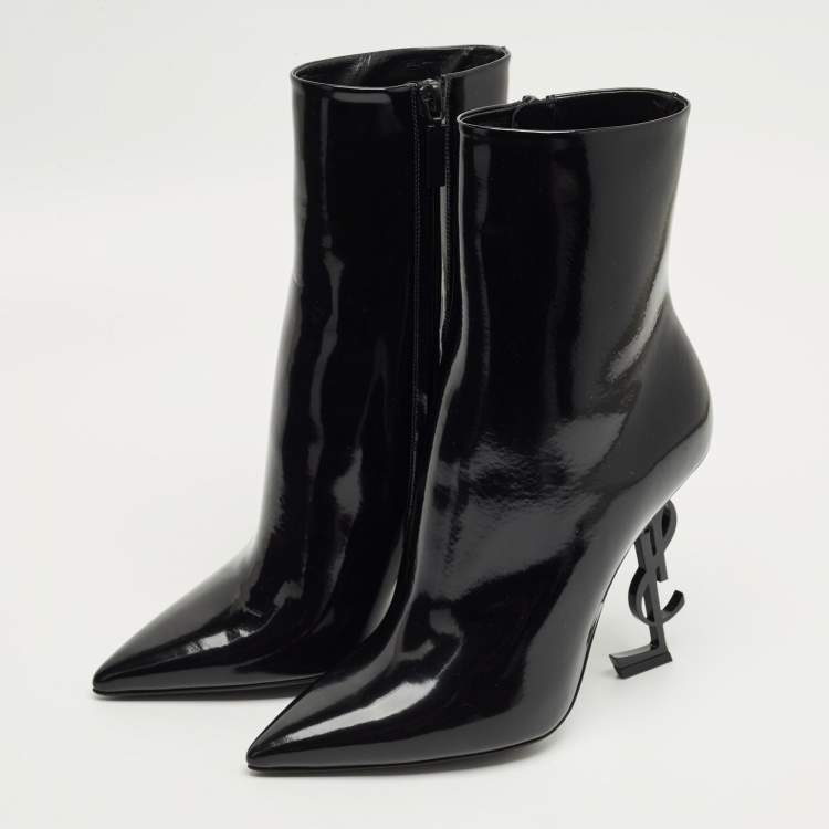 Pre Owned Saint Laurent Black Patent Leather Opyum Pointed Toe Ankle Boots Size 39