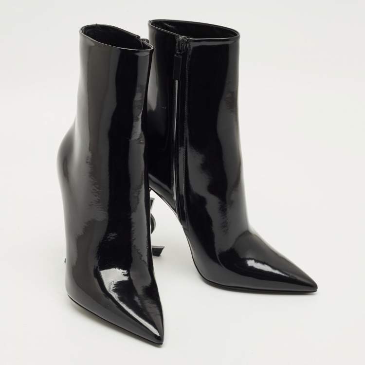 Pre Owned Saint Laurent Black Patent Leather Opyum Pointed Toe Ankle Boots Size 39