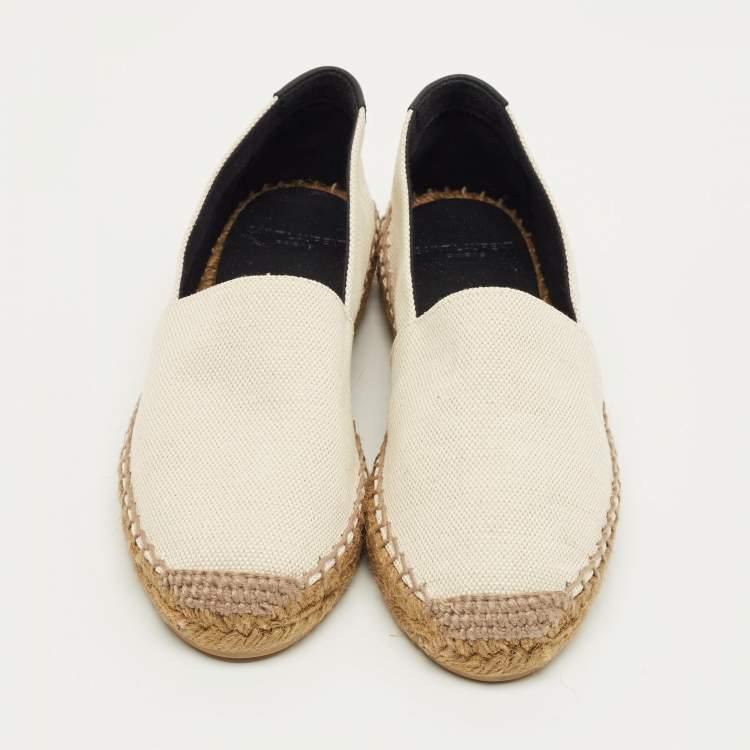 Pre Owned Saint Laurent Cream Canvas Logo Embroidered Slip On Espadrille Flats Size 34