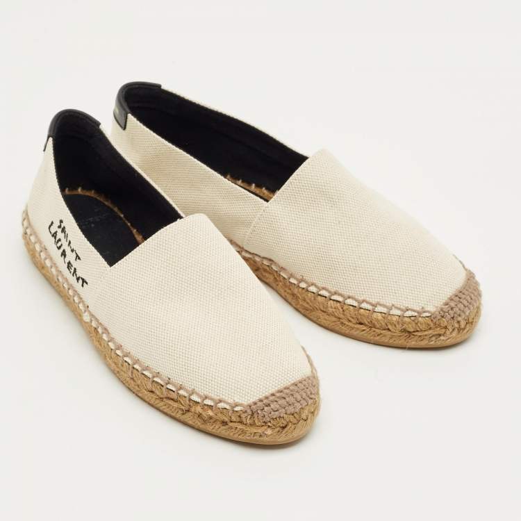 Pre Owned Saint Laurent Cream Canvas Logo Embroidered Slip On Espadrille Flats Size 34