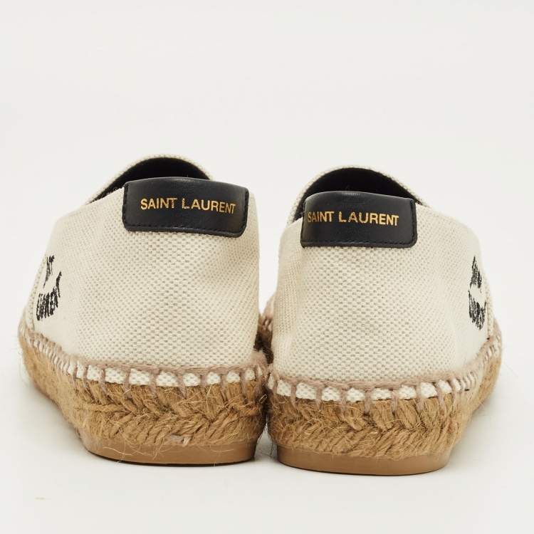 Pre Owned Saint Laurent Cream Canvas Logo Embroidered Slip On Espadrille Flats Size 34
