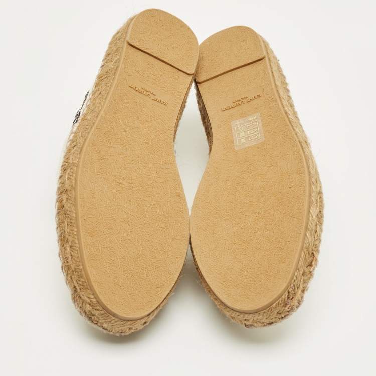 Pre Owned Saint Laurent Cream Canvas Logo Embroidered Slip On Espadrille Flats Size 34