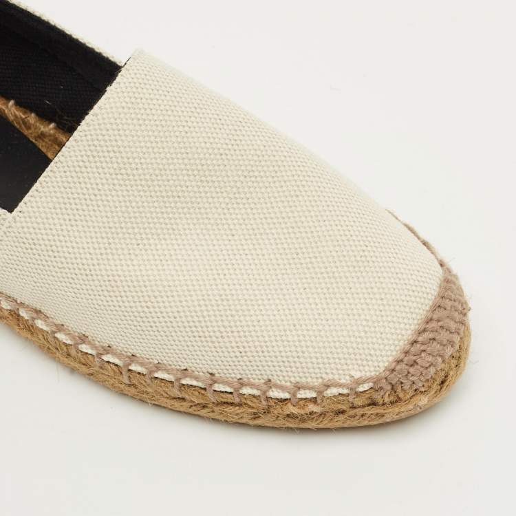 Pre Owned Saint Laurent Cream Canvas Logo Embroidered Slip On Espadrille Flats Size 34