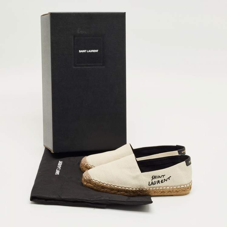 Pre Owned Saint Laurent Cream Canvas Logo Embroidered Slip On Espadrille Flats Size 34