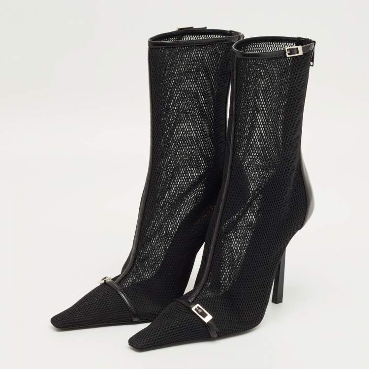 Pre Owned Saint Laurent Black Leather and Mesh Oxalis Ankle Boots Size 39