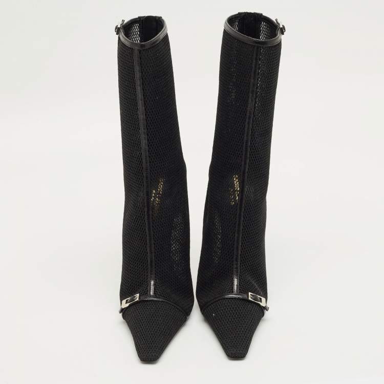 Pre Owned Saint Laurent Black Leather and Mesh Oxalis Ankle Boots Size 39