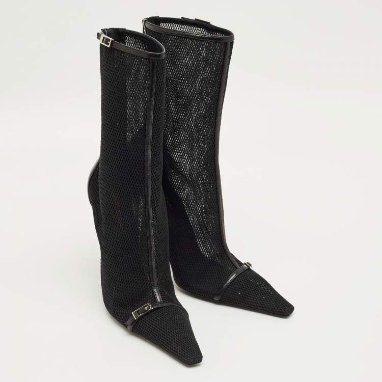 Pre Owned Saint Laurent Black Leather and Mesh Oxalis Ankle Boots Size 39