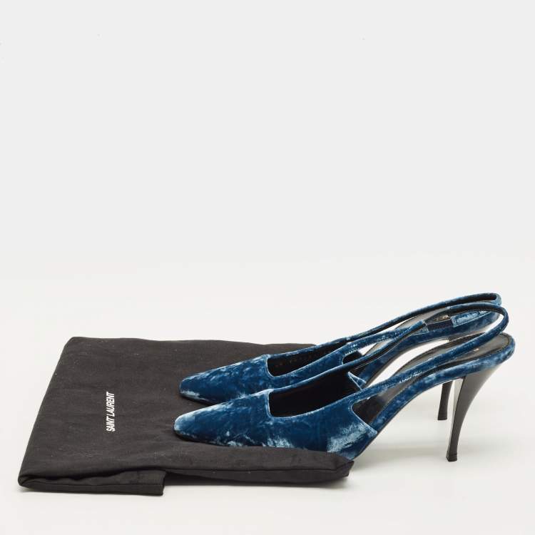 Pre Owned Saint Laurent Size 38.5 Navy Blue Velvet Slingback Pumps