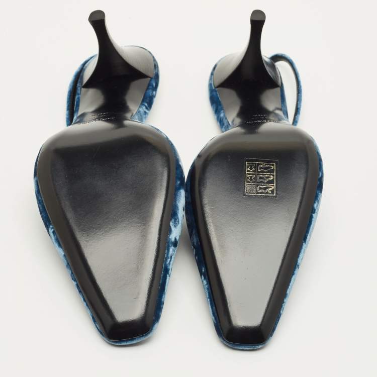 Pre Owned Saint Laurent Size 38.5 Navy Blue Velvet Slingback Pumps