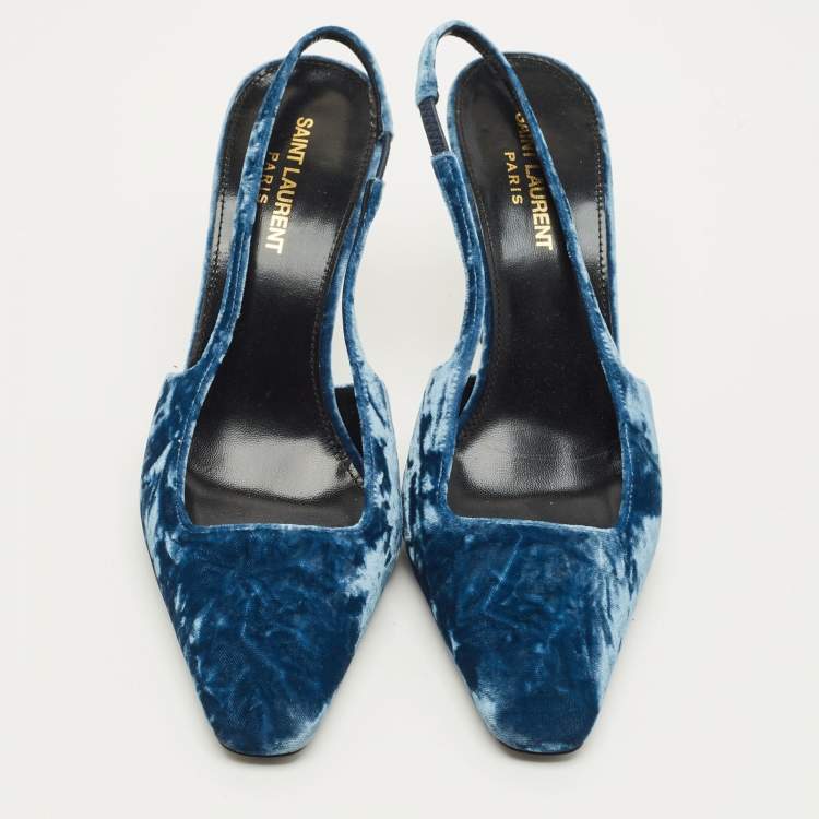 Pre Owned Saint Laurent Size 38.5 Navy Blue Velvet Slingback Pumps