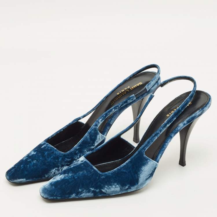 Pre Owned Saint Laurent Size 38.5 Navy Blue Velvet Slingback Pumps