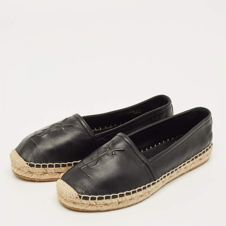 Pre Owned Saint Laurent Cassandre Size 36.5 Black Leather Espadrille Flats