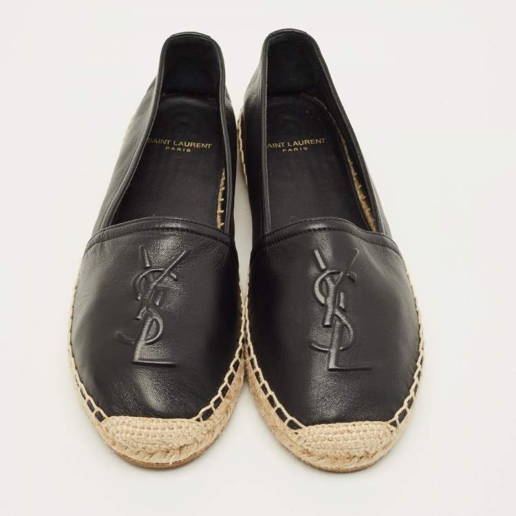 Pre Owned Saint Laurent Cassandre Size 36.5 Black Leather Espadrille Flats