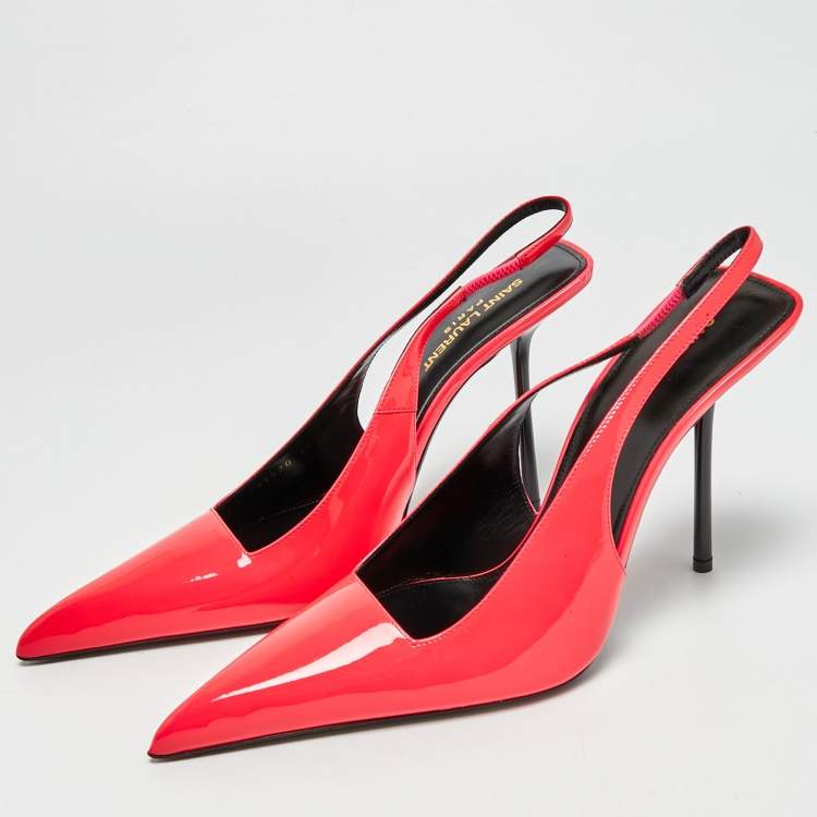 Pre Owned Saint Laurent Kiss Size 40 Neon Pink Patent Leather Slingback Pumps