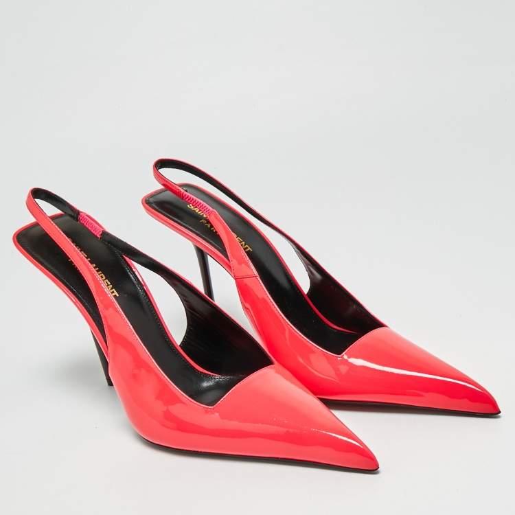 Pre Owned Saint Laurent Kiss Size 40 Neon Pink Patent Leather Slingback Pumps