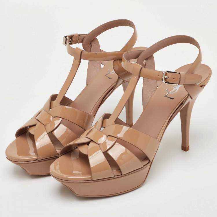 Pre Owned Saint Laurent Tribute Size 39 Beige Patent Leather Platform Sandals