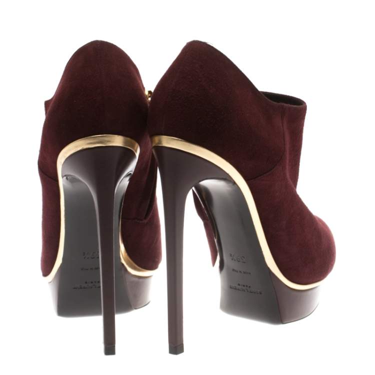 Pre Owned Saint Laurent Burgundy Suede Platform Ankle Booties Size 39.5