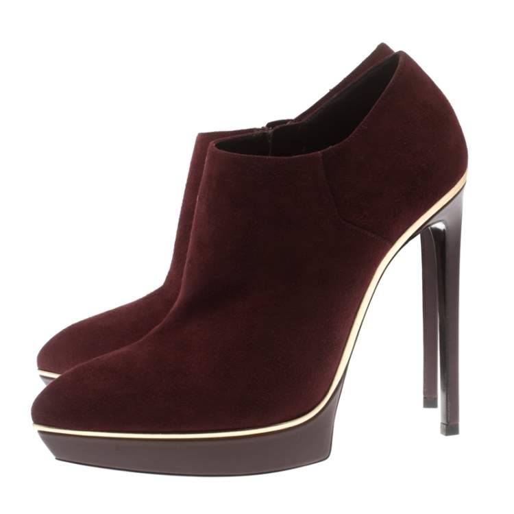 Pre Owned Saint Laurent Burgundy Suede Platform Ankle Booties Size 39.5