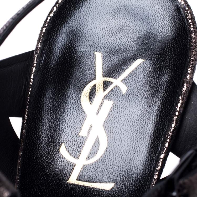 Pre Owned Saint Laurent Paris Metallic Grey Foil Leather Tribute Platform Ankle Strap Sandals Size 39