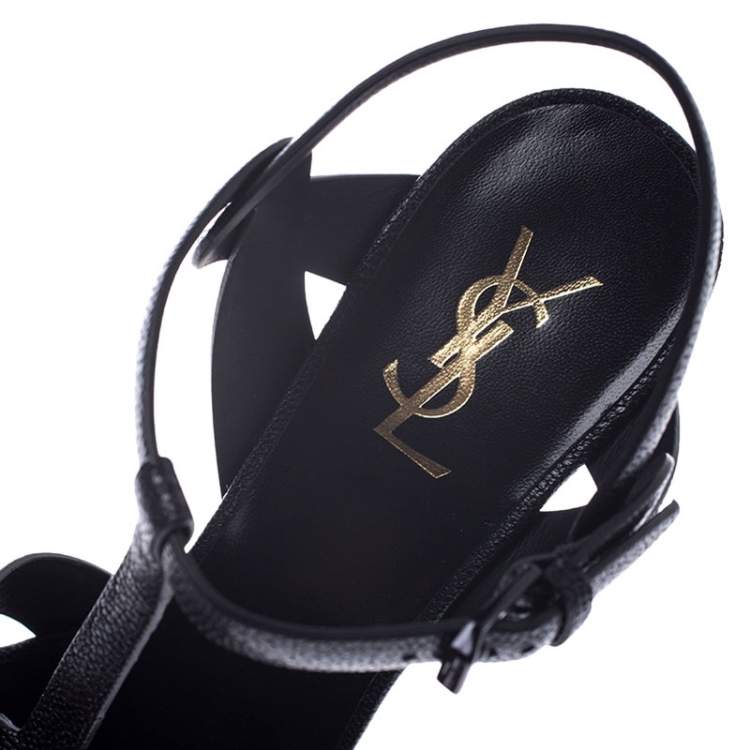 Pre Owned Saint Laurent Paris Black Grained Leather Tribute Platform Ankle Strap Sandals Size 40.5