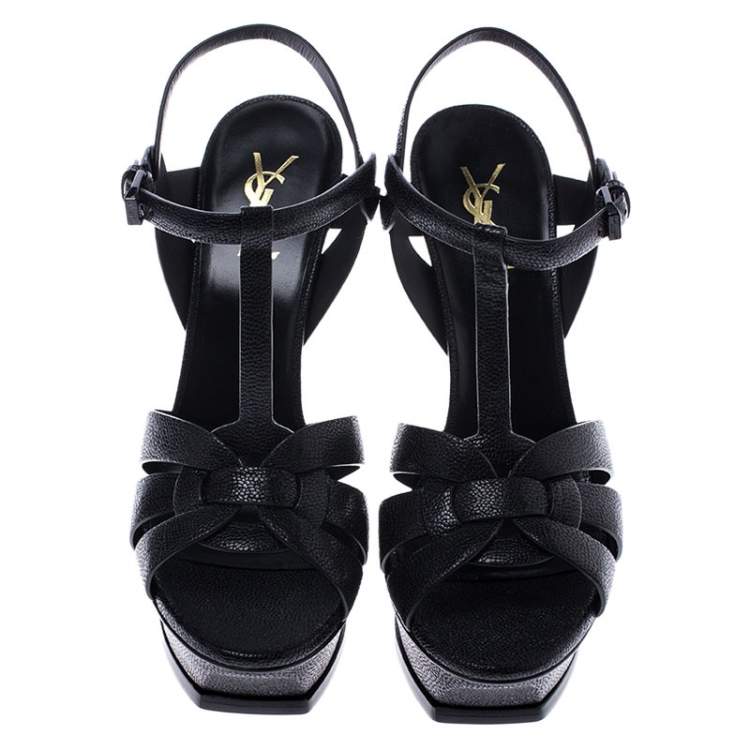 Pre Owned Saint Laurent Paris Black Grained Leather Tribute Platform Ankle Strap Sandals Size 40.5