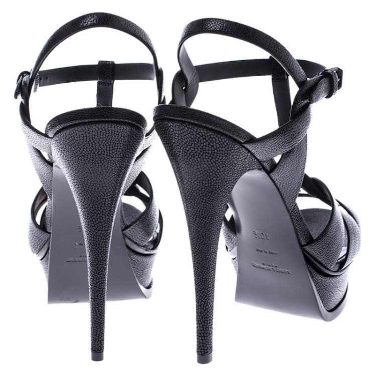 Pre Owned Saint Laurent Paris Black Grained Leather Tribute Platform Ankle Strap Sandals Size 40.5