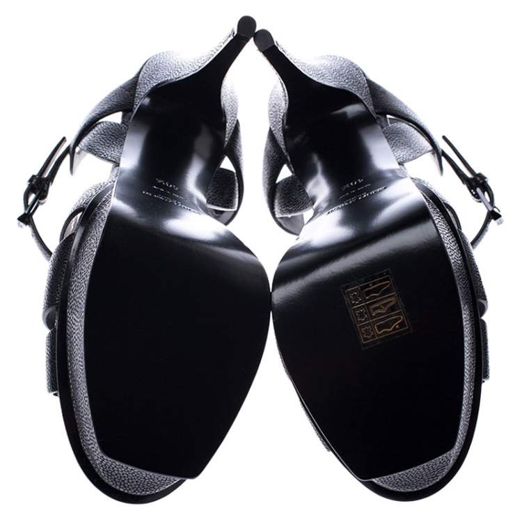 Pre Owned Saint Laurent Paris Black Grained Leather Tribute Platform Ankle Strap Sandals Size 40.5