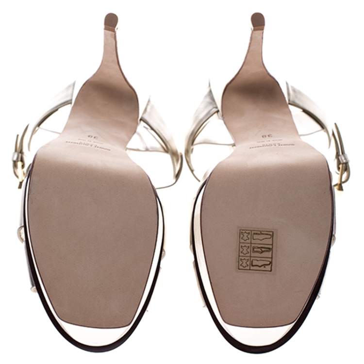 Pre Owned Saint Laurent Paris Metallic Gold Leather Tribute Platform Sandals Size 38