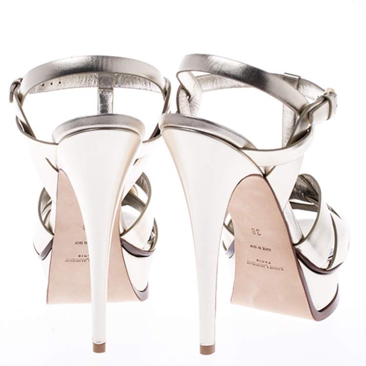 Pre Owned Saint Laurent Paris Metallic Gold Leather Tribute Platform Sandals Size 38