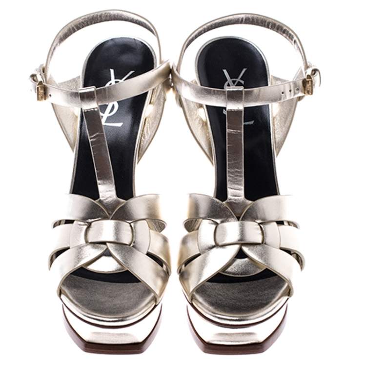 Pre Owned Saint Laurent Paris Metallic Gold Leather Tribute Platform Sandals Size 38